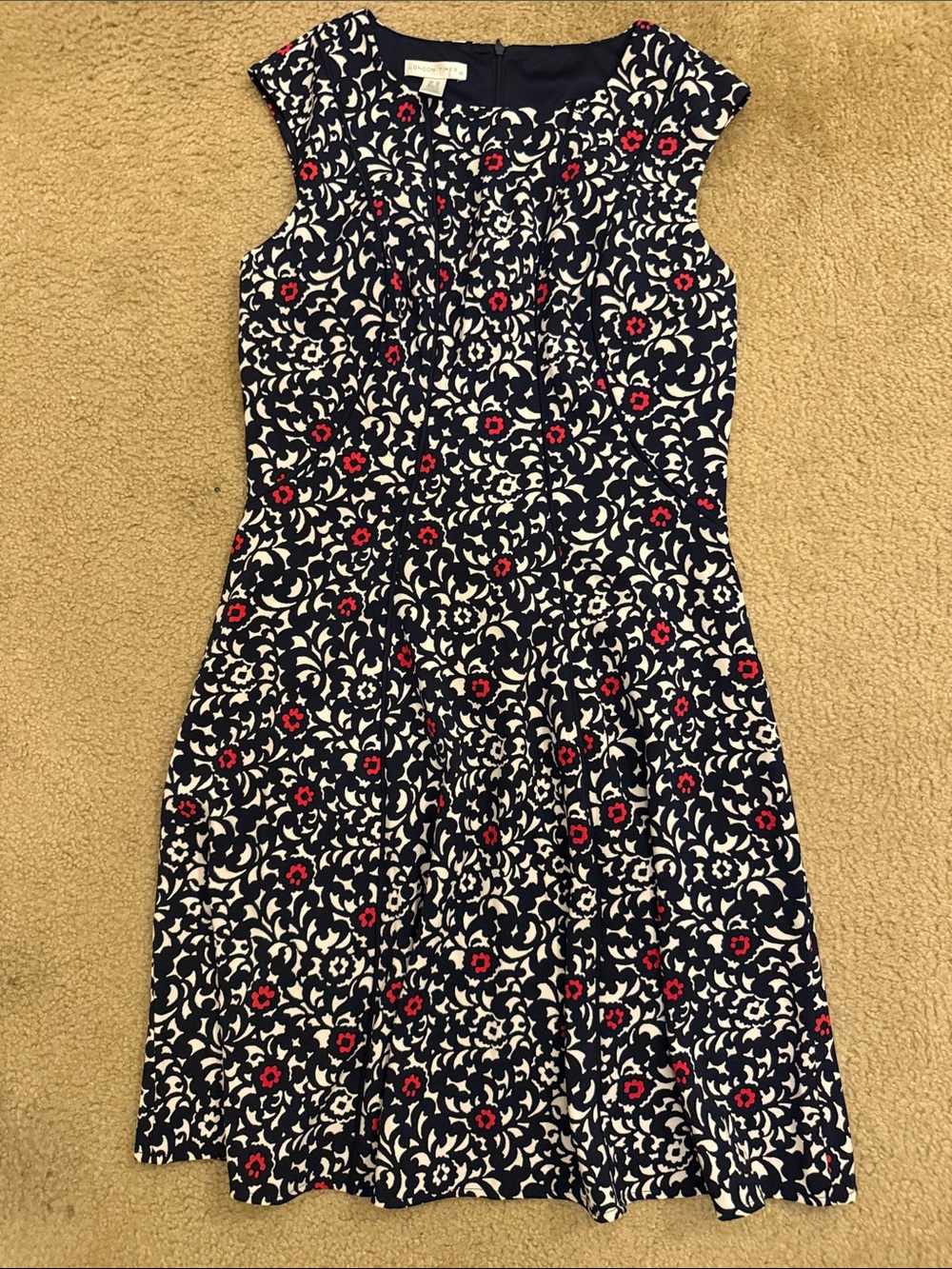 London Times Navy Floral Dress with White and Red Accents